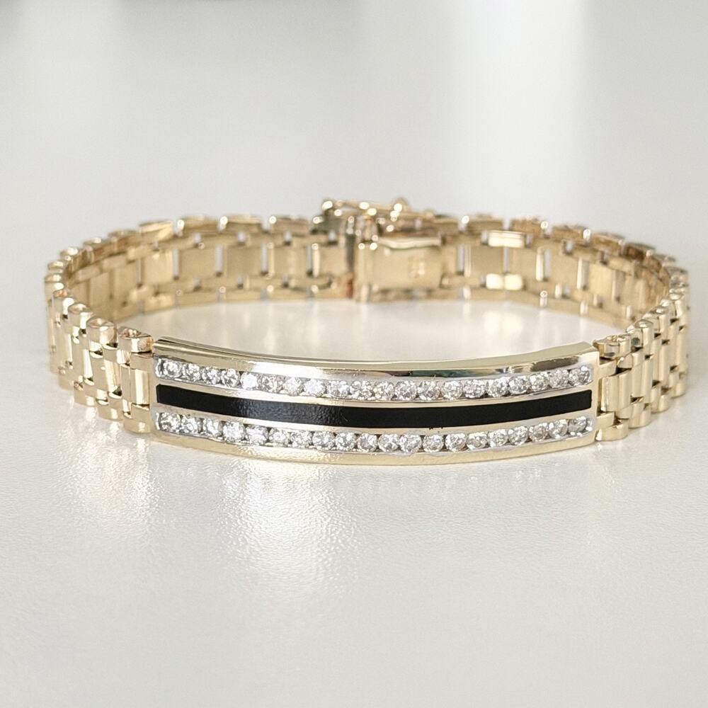 Men's 14K Yellow Gold Clear Diamond Black Enamel Heavy Chunky Chain Bracelet